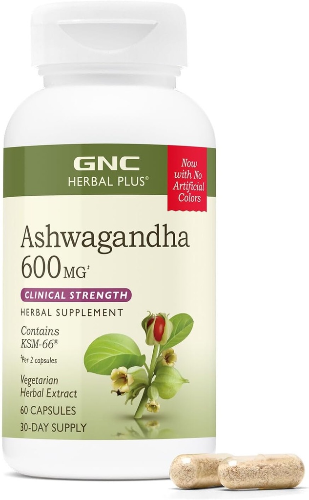 GNC Herbal Plus Ashwagandha 600mg Suplemen, Clinical Strength, Vegetarian, Stress Relief Dukungan, 30 Hamba