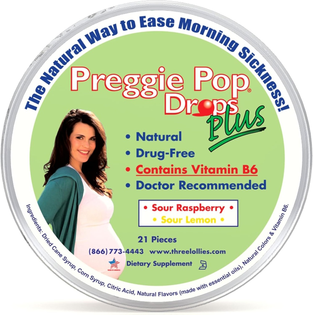 Preggie Pop Drops Plus 124; 21 Drops 126; Vitamin B6 for Morning Sickness & Nausea Relief selama kehamilan 124; Aman untuk hamil Mom & Baby 124; Gluten Free 124; Two Flavors: Lemon & Raspberry
