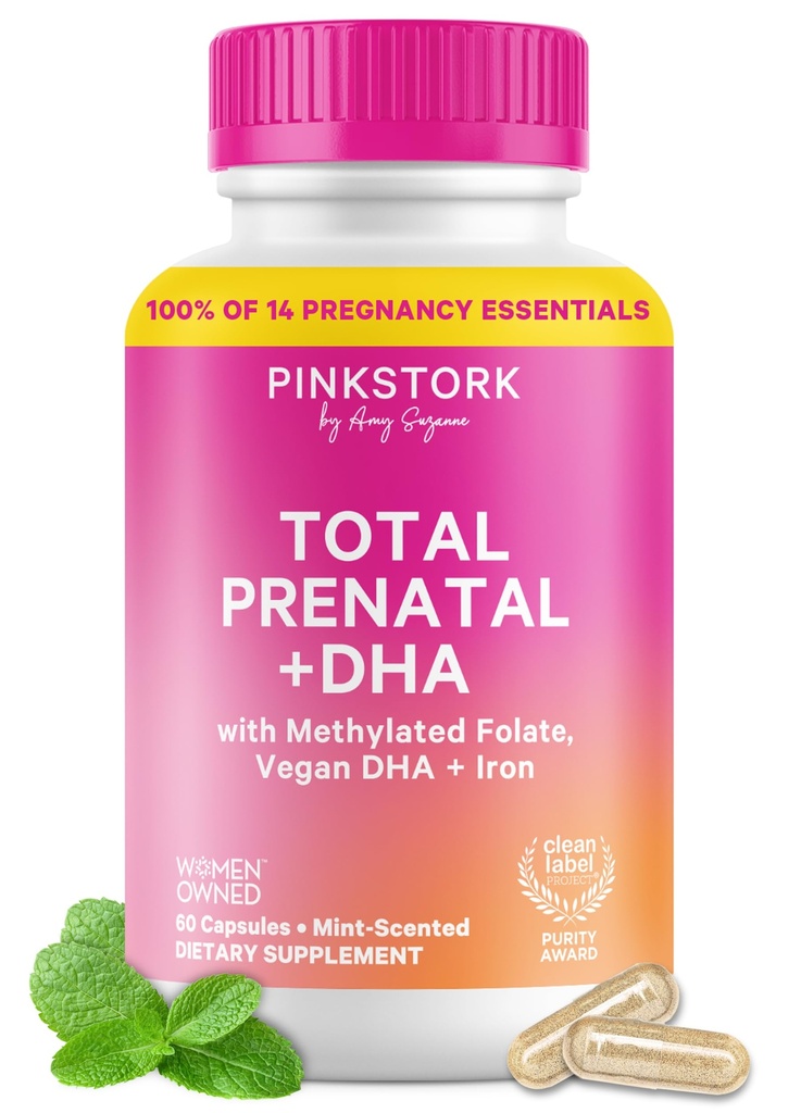 Pink Stork Total Prenatal Vitamin with DHA, Folate, Iron, Choline, and Vitamin B12 - Preception Nutrition - Prenatals for Women, Pregnancy Essentials - Mint Essence, 60 Capsules, 1 Month Suppply