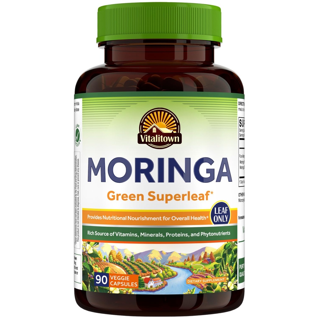 Vitalitown Moringa Capsules 11.000 MG, Pure Moringa Oleifera Leaves, No Sticks, No Caffeine, Energy, Imune, 90 Capsules