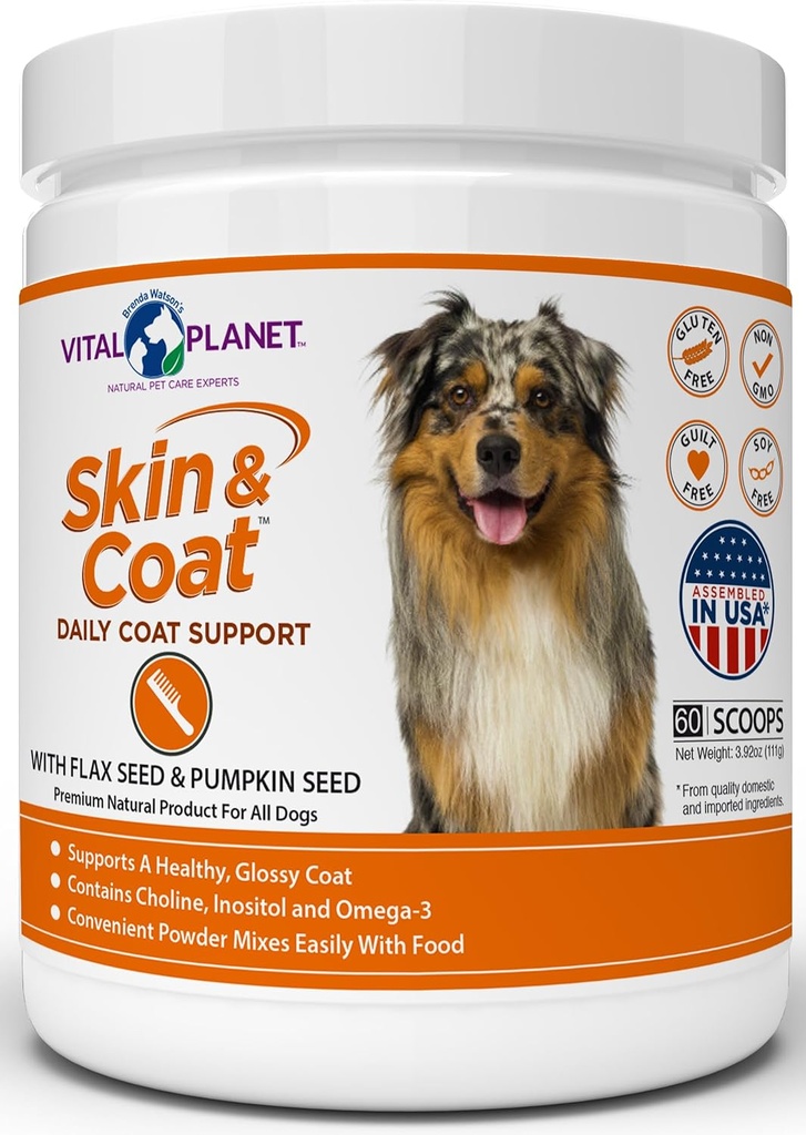 Planet Vital - Skin dan Coat Powder Suplemen untuk Anjing dengan Choline, Inositol, Labu, Flax dan Omega-3 OIIs untuk Mendukung Coat Heally Lembut dan untuk Seasonal Allergies - 60 Scoops, 111g, 3.92oz