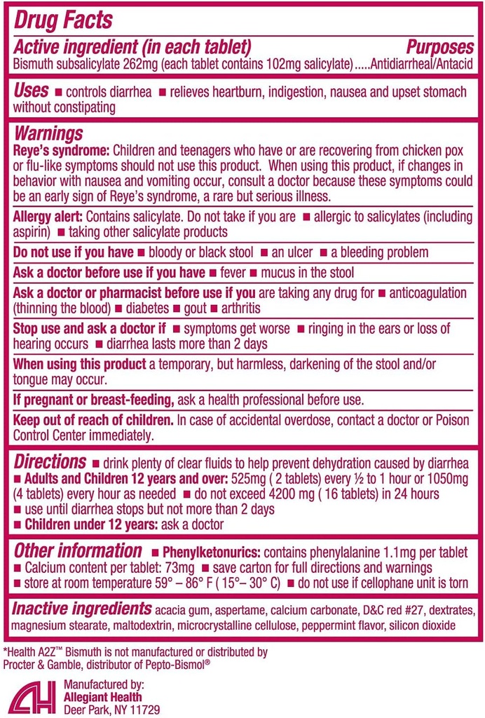 HealtA2Z ® Bismuth 124; Bismut Subsalicylate 262mg 124; Multi- Symptom Relief 124; (24 Pack (288 Tablet)