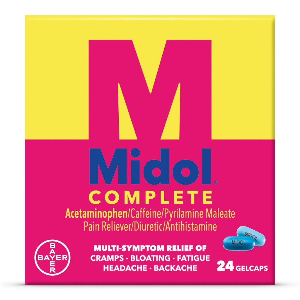 Midol Complete Gelcaps 24ct: Midol Complete Menstrual Pain Relief Gelcaps dengan Acetaminophen untuk Menstrual Symptom, PMS Relief, and Perial Cramp Relief - 24 Count (Packing May Vary)