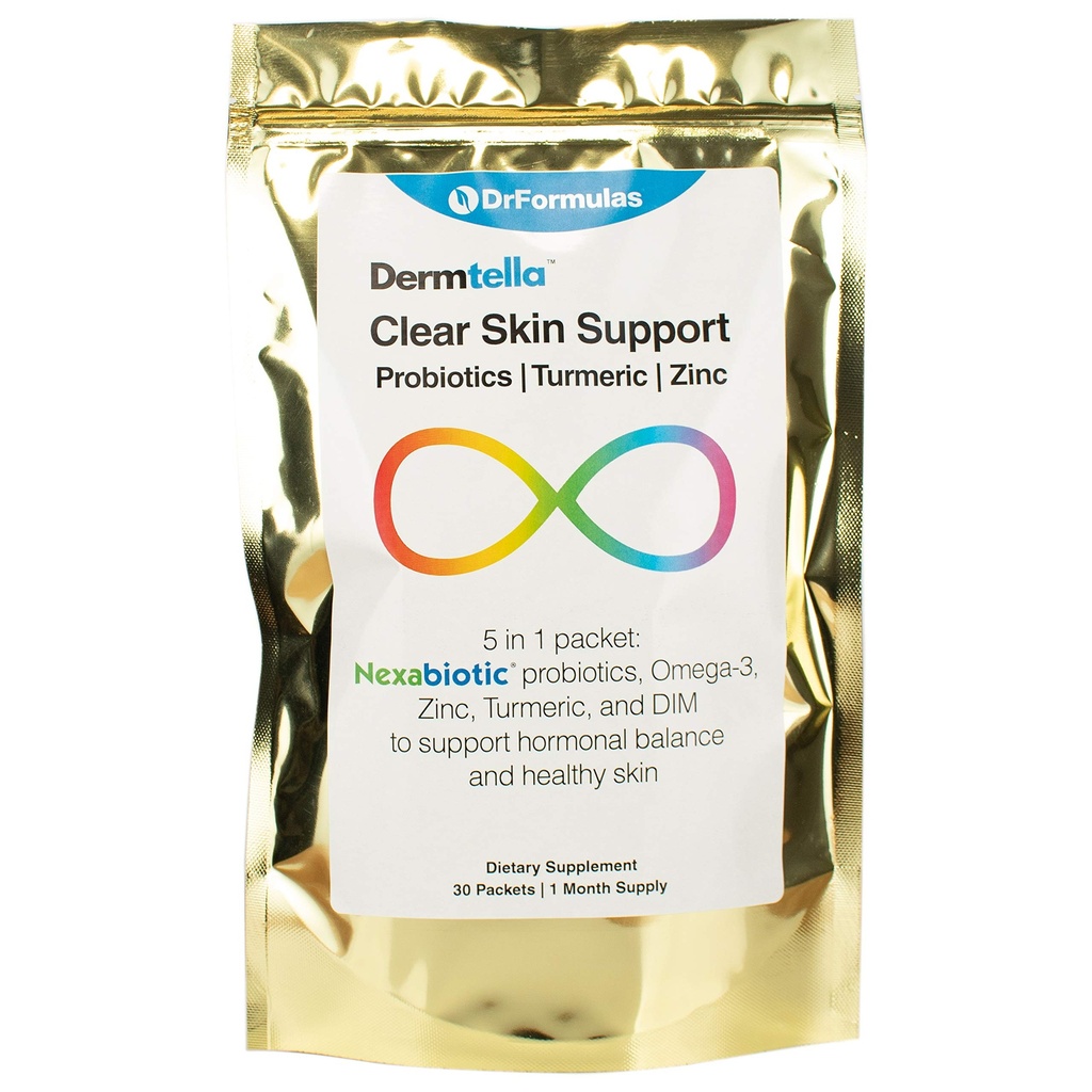 DFormulas Dermtella Clear Skin Dukungan Packs 124; Pil dengan Zinc, Progories & DIM; Suplemen untuk Perempuan, Remaja & Pria dengan Provinsi Nexabotic, Turmeric, Minyak Ikan, Persediaan 1 Bulan