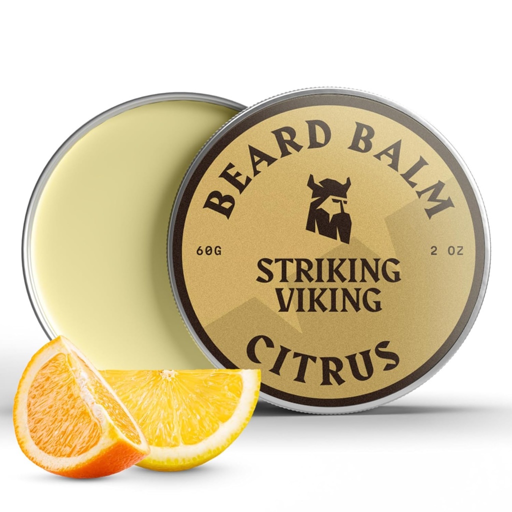Striking Viking Balm for Men - Leave in Beard Conditioner - Styling Balm Made with Alamy Deherved Beard Butter, Argan & Joba Ounce (2 Ounce (Paket 1), Citrus)