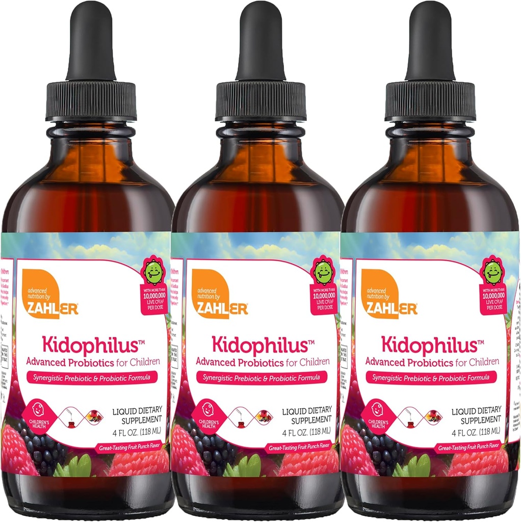 Zahler - Kishillus Liquid Drops Progration for Kids (4 Fl Oz) Certified Kosher, for Healthy Dibuble & Imune Duption - Fruit Flavored Children 's Probiotic Drops Suplemen (3 Pack)