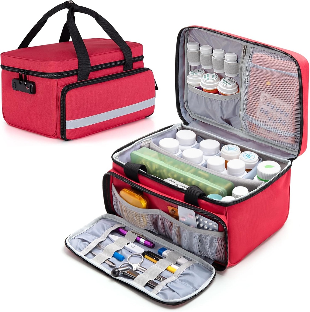 CURMIO Pill Bottle Organizer, Medicine Bag with Lock for Prescription Bottle and First Aid Kits, Red (Design Paten)