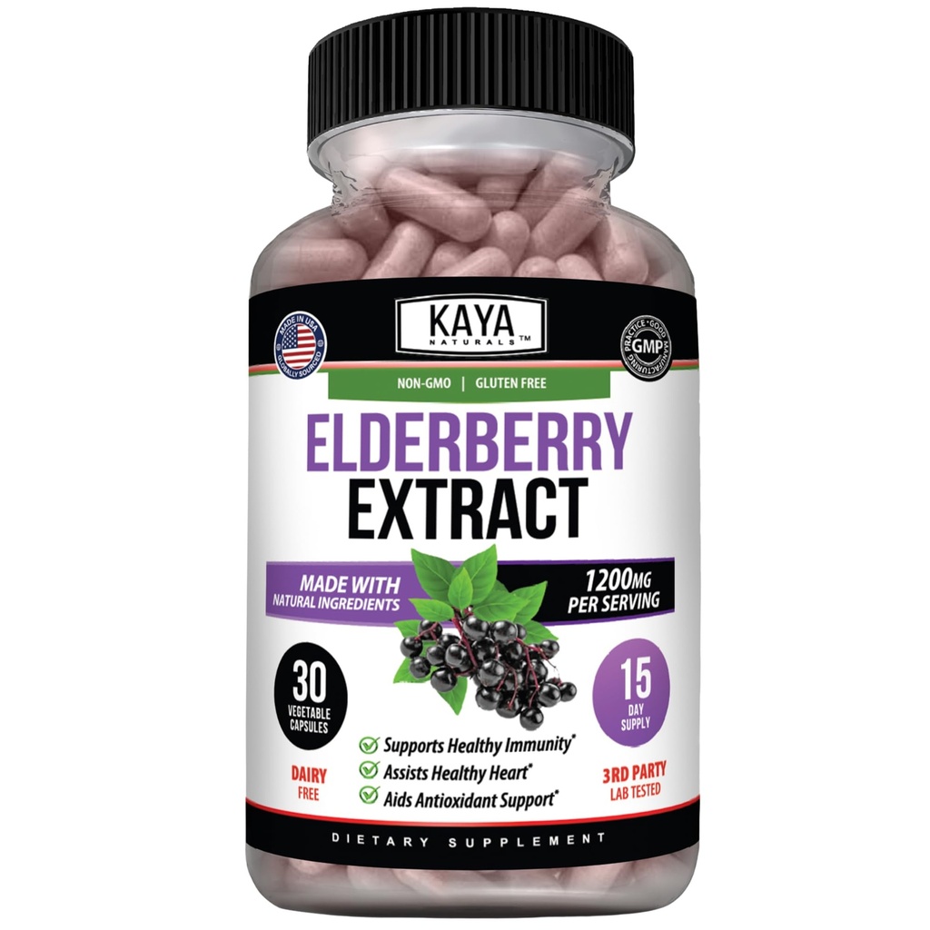 Dukungan Elderberry Immune - Elderberry Extract, Premium Antioksidan Kaya, 1200 mg Imune System Booster Sambucus Kapsul - 30 Count