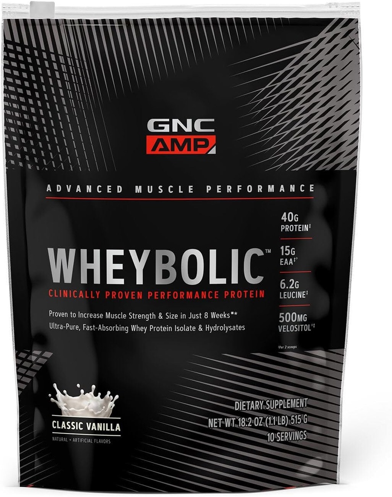 GNC AMP Wheybolic Clinically Proven Protein Powder, 40g Whey Protein, BCAA, Leucine, Increases Muscle Strength, Muscle Building, 3rd Party Tested, Gluten Free, Classic Vanilla, 10 Servers