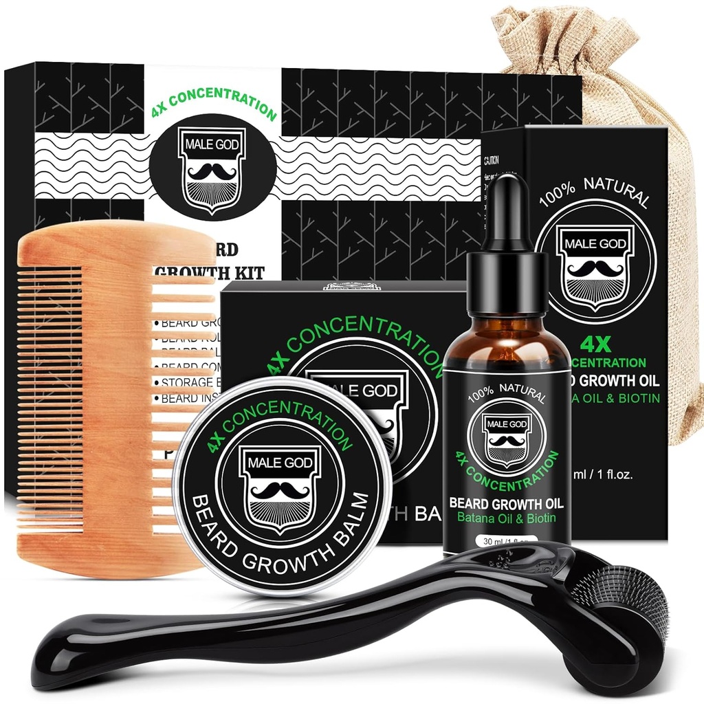 MALE GOD Growth Kit, Beard Kit W / Beard Growth Oil, Beard Balm, Beard Comb, Massager for Spot / Patchy Beard, Hadiah Natal untuk Pria Nya Suami