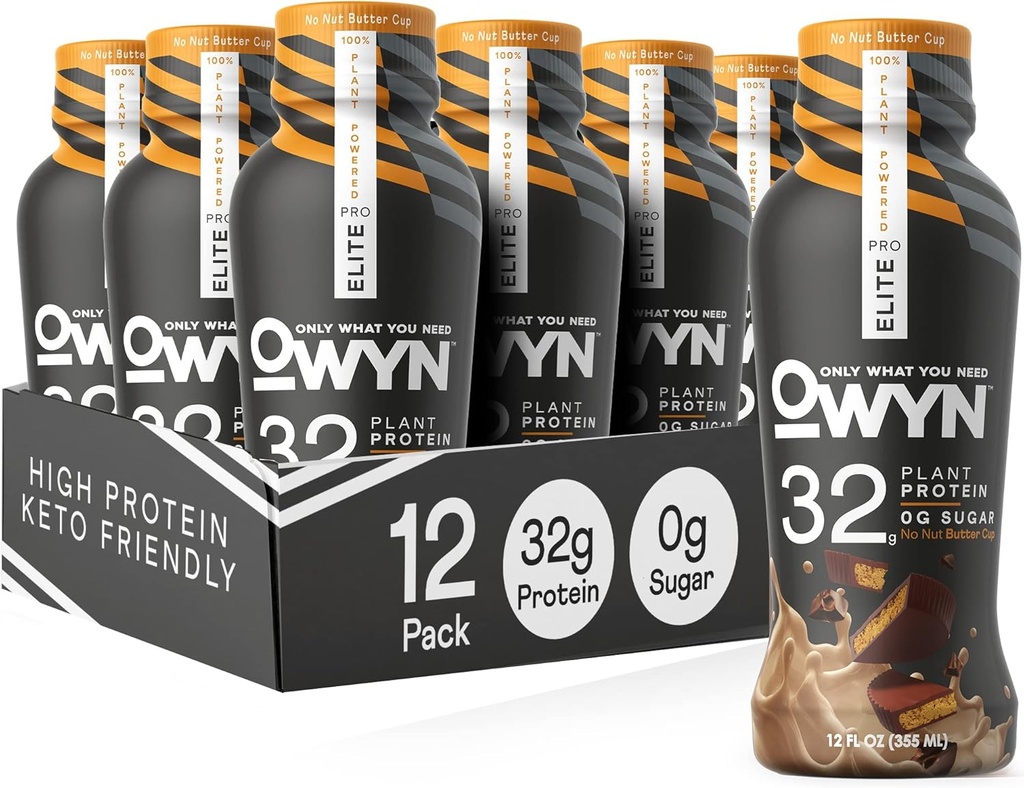 OWYN Only What You Need Pro Elite Vegan High Protein Shake, 32g Protein, 12 Fl Oz (Paket 12) dan Prof Elite Vegan - Based High Protein Keto Shake, No Nut Butter Cup, 32g Protein (Packaging May Wary)