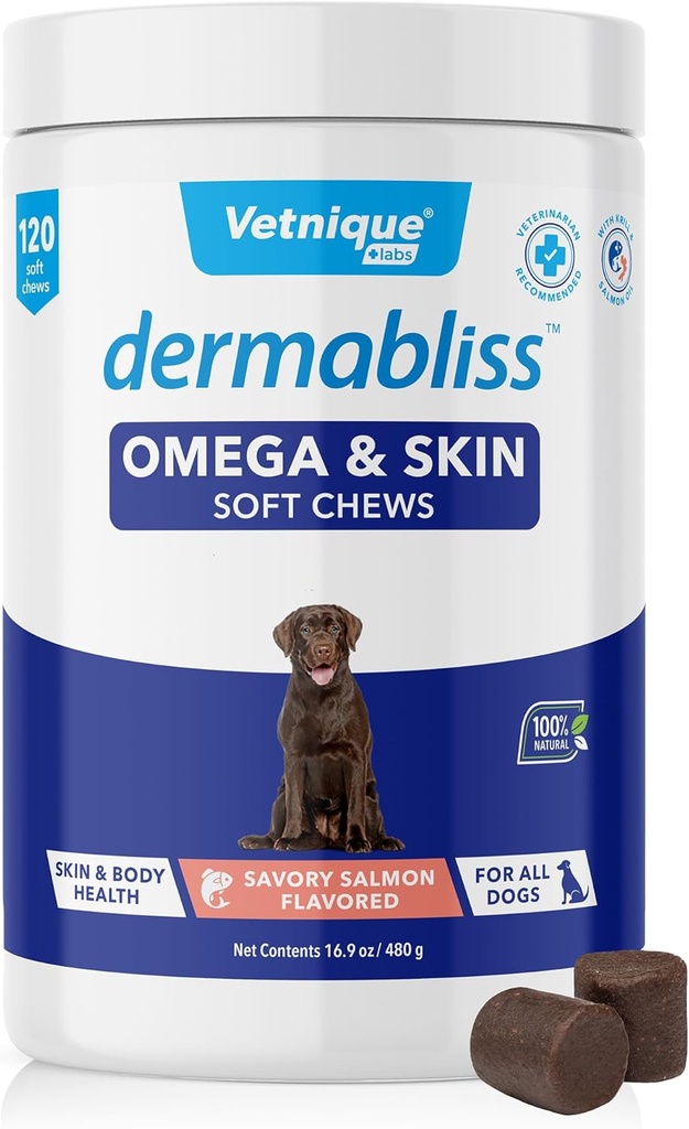 Vetnique Dermabliss Omega & Skin Health Fish Oil for Dogs Soft Chews Heally Skin & Coat for Dogs with Biotin & DHA - Hickory Salmon Dog Treats (120 Count Chews)