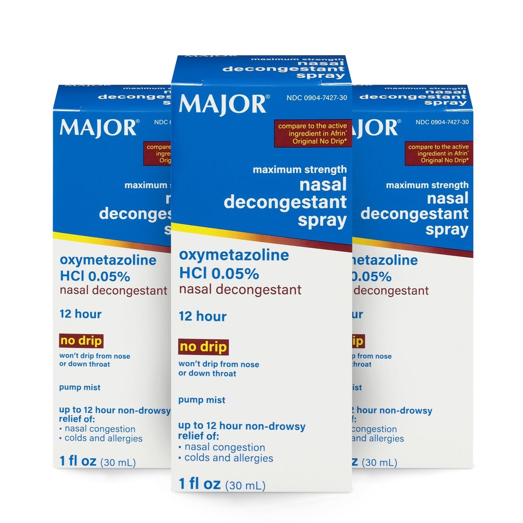 MAJOR Maximum Power Nasal Decongestant Spray, Oxymetazoline HCl 0.05% Pompa Mist, Non-Drowsy Nasal Spray, hingga 12-Hour Relief dari Nasal Conbuffes, Colds, dan Allergies 1 Fl. Oz. (3-Pack)