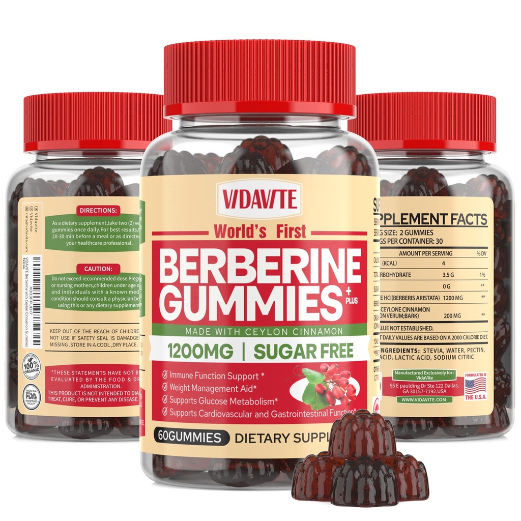 Berberin dengan Ceylon Cinnamon Gummies - Sugar- bebas, 98% Pure & 10x Absorpsi - 1200mg HCL Suplemen Berberine Organik untuk Weight Management, kekebalan, Metabolic & Digetical Kesehatan (30 Hari)