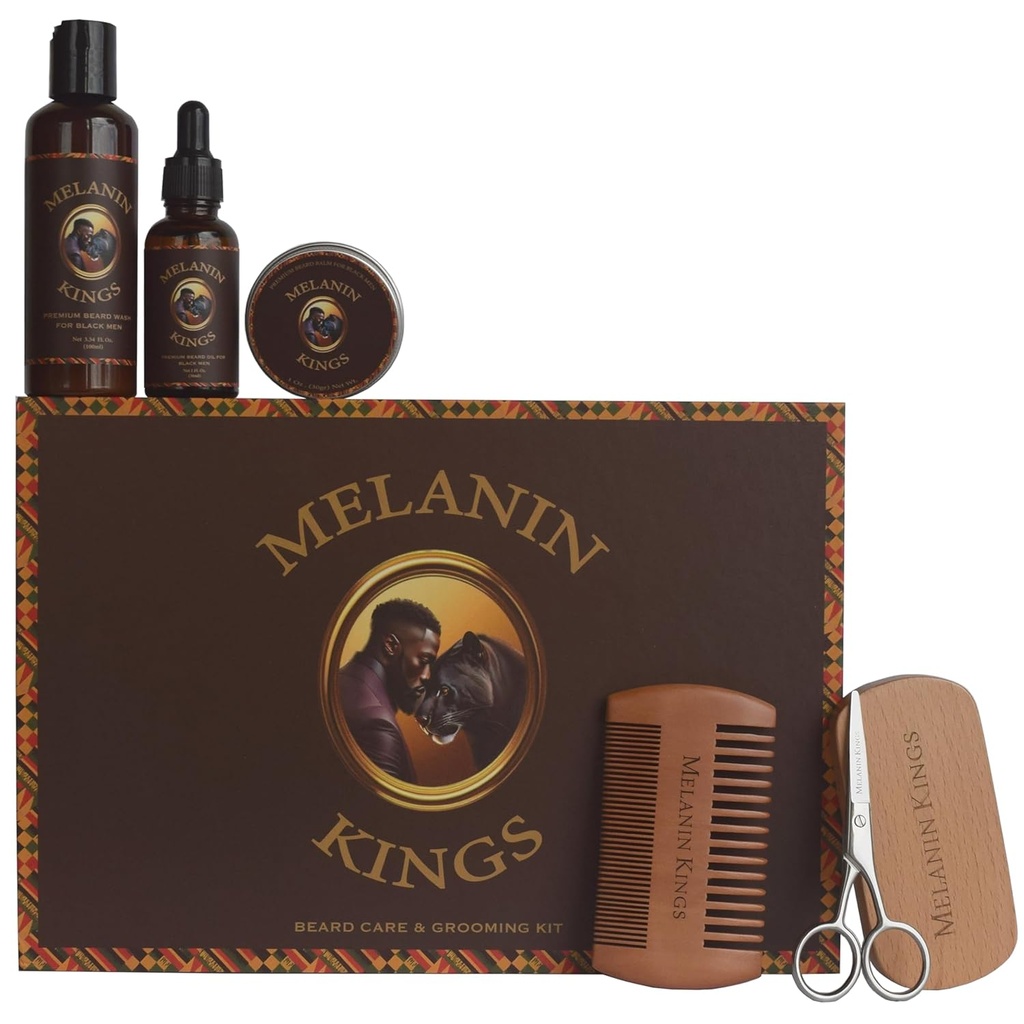 Melanin Kings Beard Grooming Kit for Men - Formulas With Ancient African Natural Ingregents 124; Beard Wash, Oil, Balm, Brush, Comb, Trimming Gunting