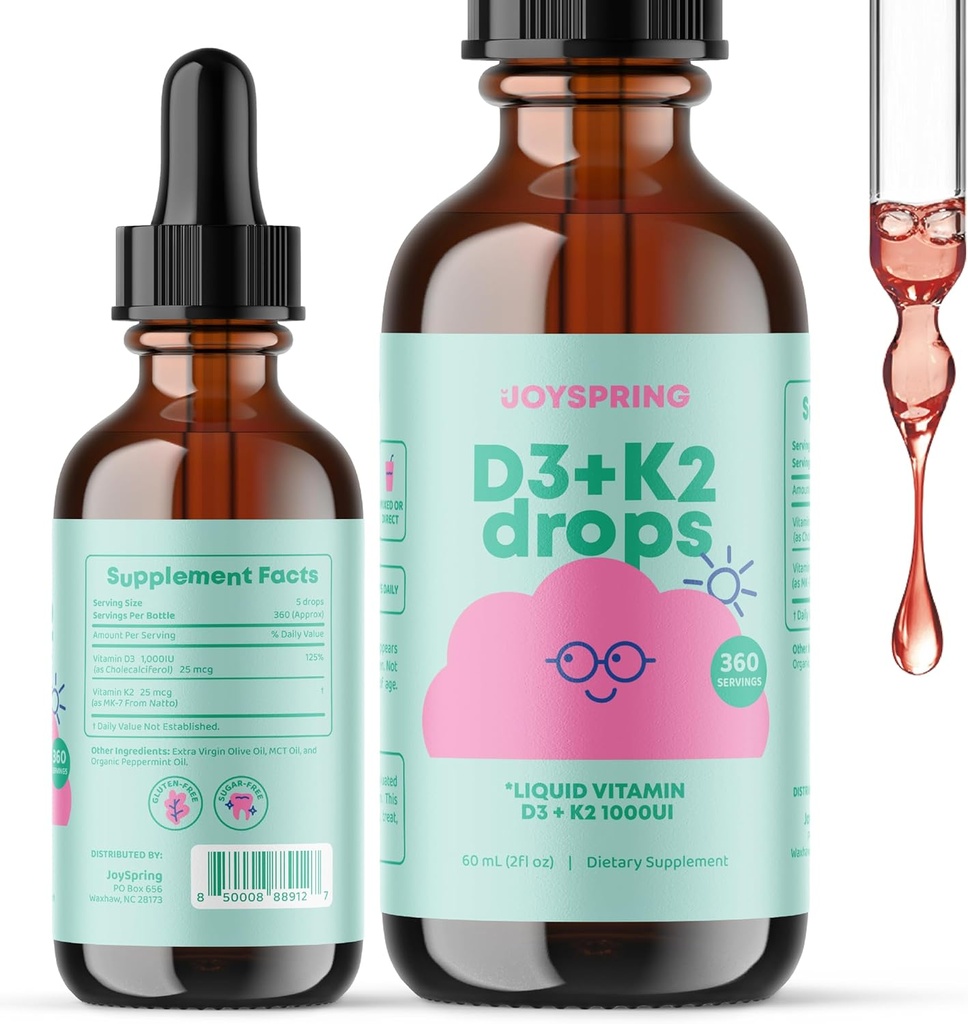 JoySpring Vitamin D Drops for Toddlers to Support Growth, Bone, and Ammune Health, Kids Zinc Suplemen - Elderberry with Zinc Liquid and Daily Complex B Vitamin B2, B6, B12, dan B5