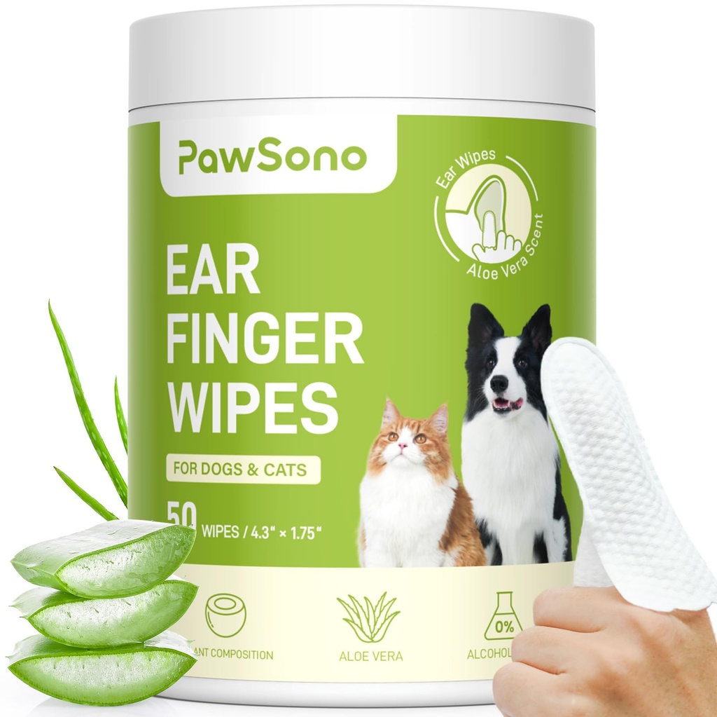 Ear Finger Wipes for Dogs & Cats, Thicker Dog Ear Cleaner Wipes, Natural Relief Cat Ear Cleaner Dog, Pet Health Suplies for Dog Small Animal Cat, Aloe Scent Deodorizing - 50 Count