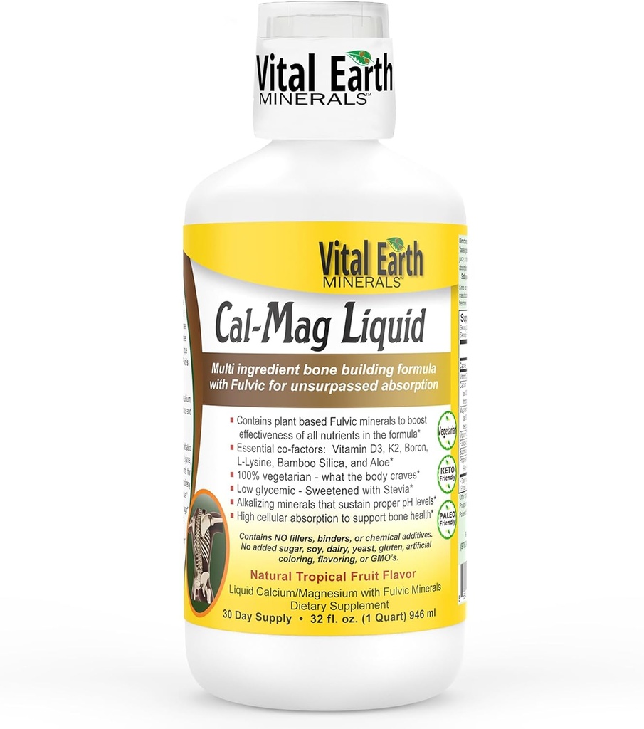 Vital Earth MinebraCal- Mag Liquid - Calcium Magnesium Suplemen dengan Vitamin D3, K2, Boron, dan Fulvic Acid untuk lebih cepat Absorpsi, 32 Oz + 1 Oz Cup