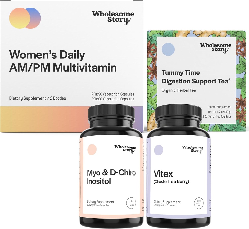 PMS Dukung Bundle 124; Myo- Inositol & D- Chiro Inositol Blend 30- Day Suply 124; Vitex Chasteberry Suplement for Women 120- Day Supply 124; Premium Multivitamin for Women 124; Morning Sickness Tea 15ct