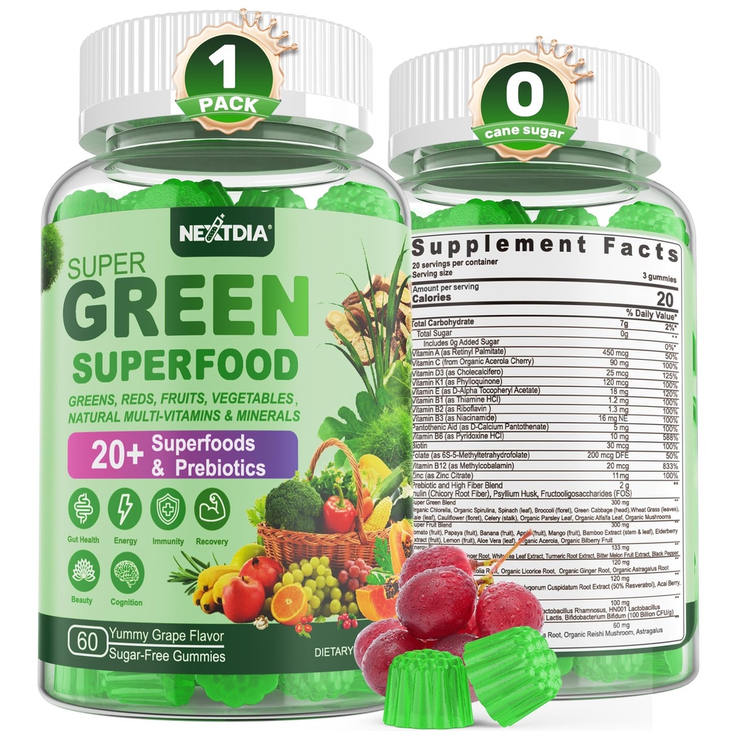 Super Greens Gummies, Greens Superfood Powder Alternative w / Spirulina, Chlorella, Prebiotic Fiber, Probiotic, Fruit Veggie, Daily Greens Vegetable for Digetical Health, kekebalan, Fokus, 60 Cts