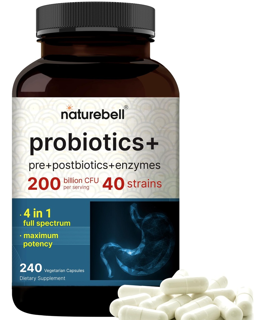 Probiotik 200 Milyar CFU - 40 Strains Per Serving 124; 240 Vevgie Capsules dengan Pregories dan Progres for Digetical Health & Bloting Dukungan 124; Daily Prograce for Women & Men