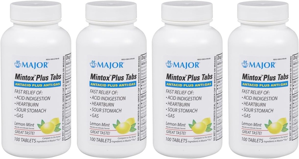 MAJOR Mintox Plus Tab - Antax Plus Anti- Gas Tablet - Membantu Penyimpanan Acid Cepat, Heartburn, Sour Stomach, dan Gas - Lemon Mint Flavored - 100 Count (4 Pack)