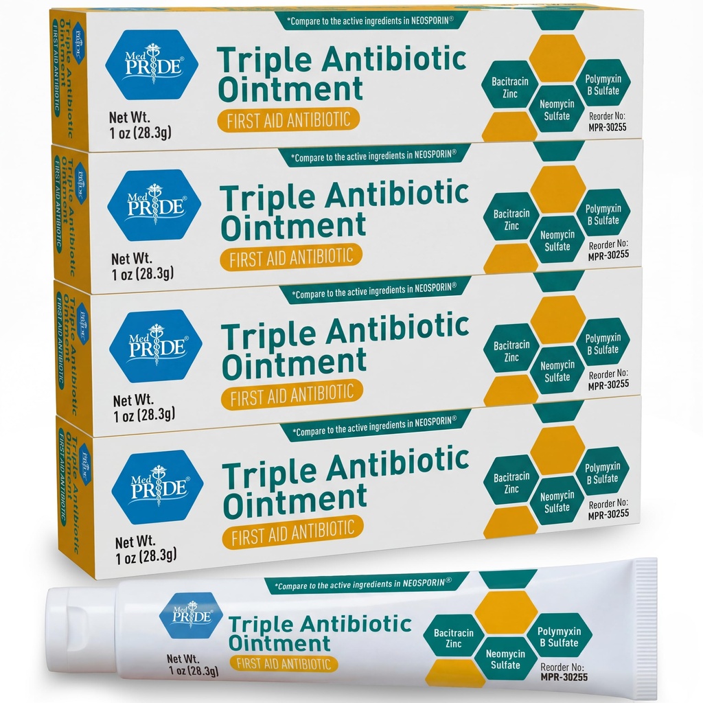 MED Pride Triple Antibiotic Pride Oprice 1 Oz 4-Pack, Aid Pertama untuk Minor Wounds, Scratches, Abrasions, dengan Zinc, Neomycin, Polymyxin