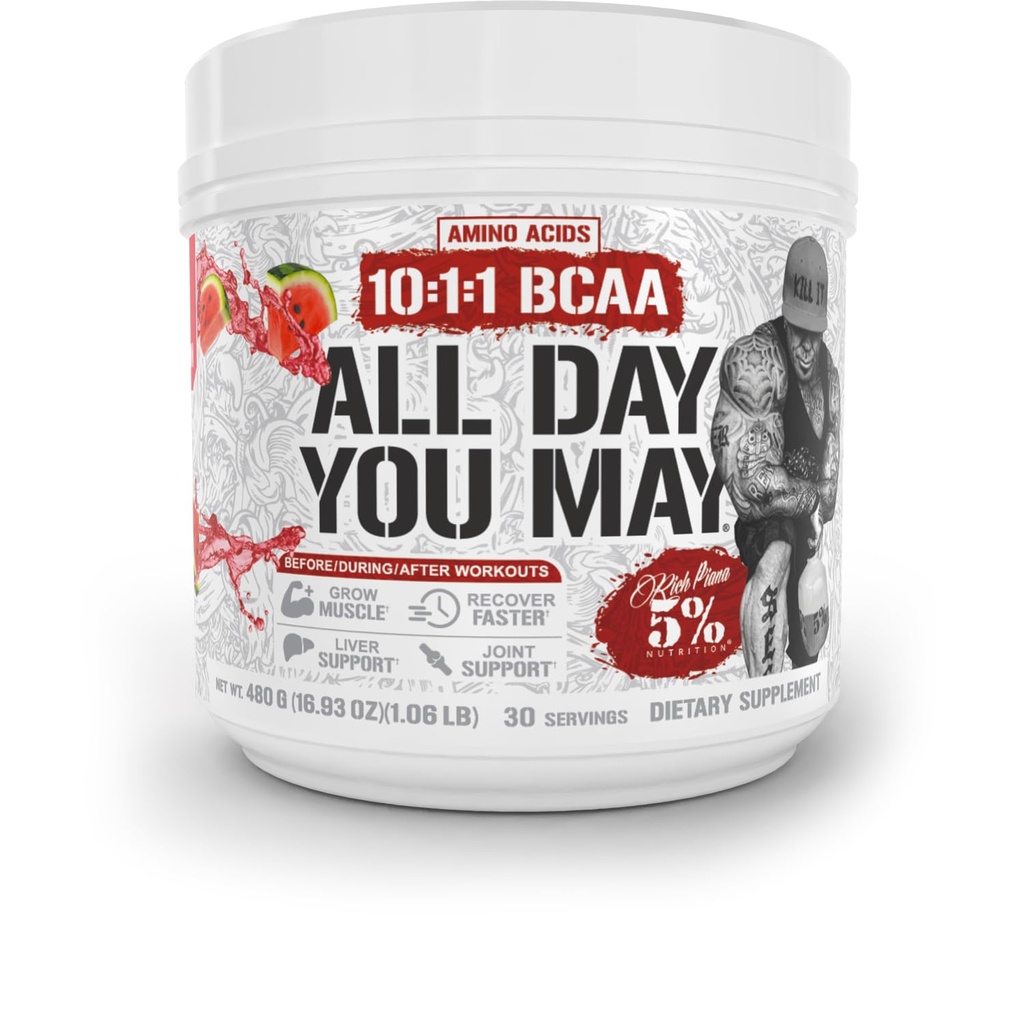 5% Nutrition Rich Piana AllDayYouMay BCAA Powder = 124; Premium Intra & Post Workout Acids, EAA, Electrolytes 124; Hydration, Endurance, Recovery 124; Vegan & Keto 144; 16.9 oz, 30 Srvgs (Watermelon)