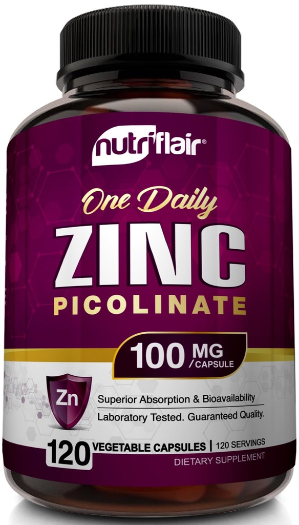 NutriFlair Zinc Picolinate 100mg, 120 Capsules - Vegan, Non- GMO, dibuat di Amerika Serikat, Test Lab Partai Third-