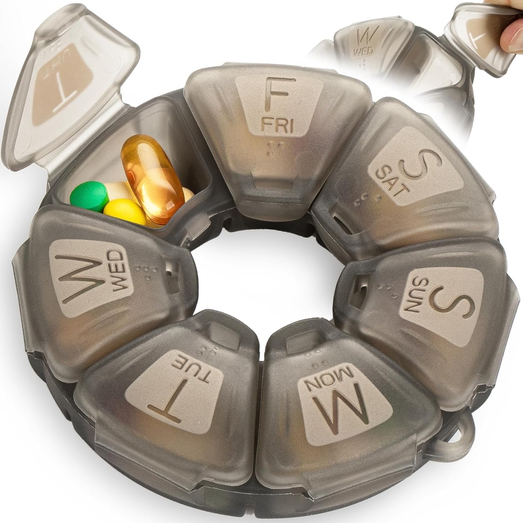 Round Weekly Pill Organizer, TPU Rubberized, Travel Pill Container 7 Day, with 7 Large Comments, Great for Daily Vitamin & Suplemen, Cute Pill Case with Large Letters and Braille (Grey)