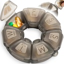 Round Weekly Pill Organizer, TPU Rubberized, Travel Pill Container 7 Day, with 7 Large Comments, Great for Daily Vitamin & Suplemen, Cute Pill Case with Large Letters and Braille (Grey)