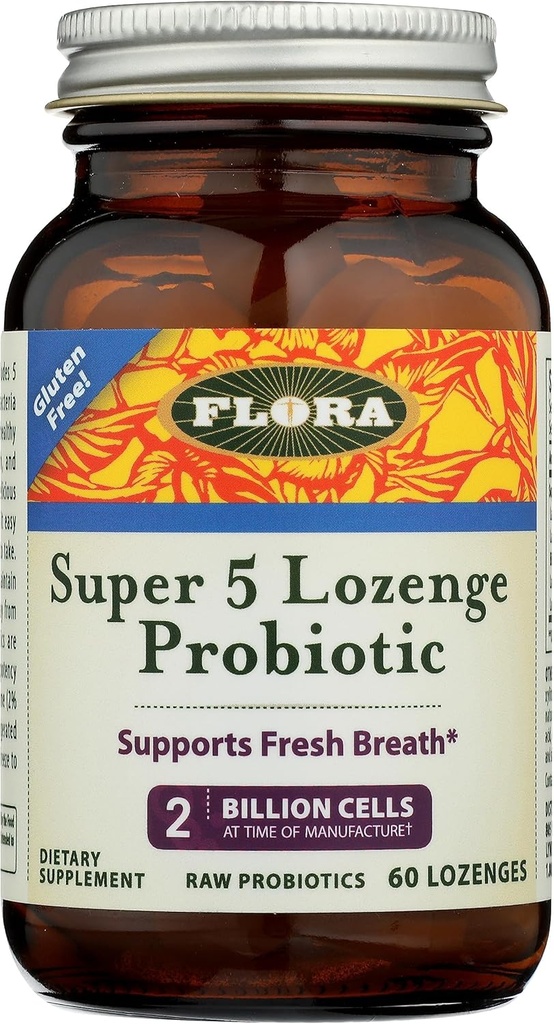 Flora - Super 5 Lozenge Probiotic, Raspberry Flavored Oral Probiotic, Good for Bad Breath, Five Strains with 2 Milyar CFU, Regain and Retain Gut Health, RAW, 60 Lozenges