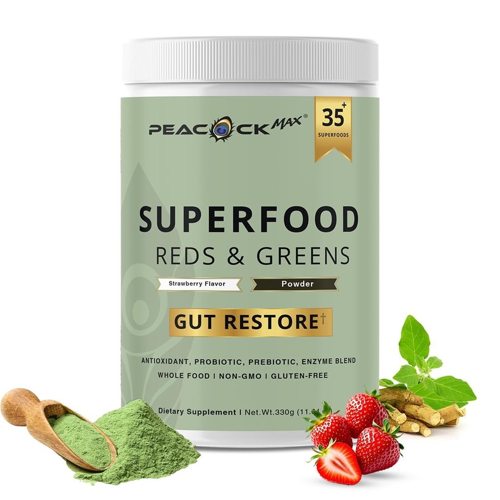 Superfood Reds & Greens Powder - 11.64 oz, Pregities & Progreous for Digetical Health, Super Greens Powder with Ashwagandha for Gut Health, Imunity, Antioksidants, Vegan, Non-GMO