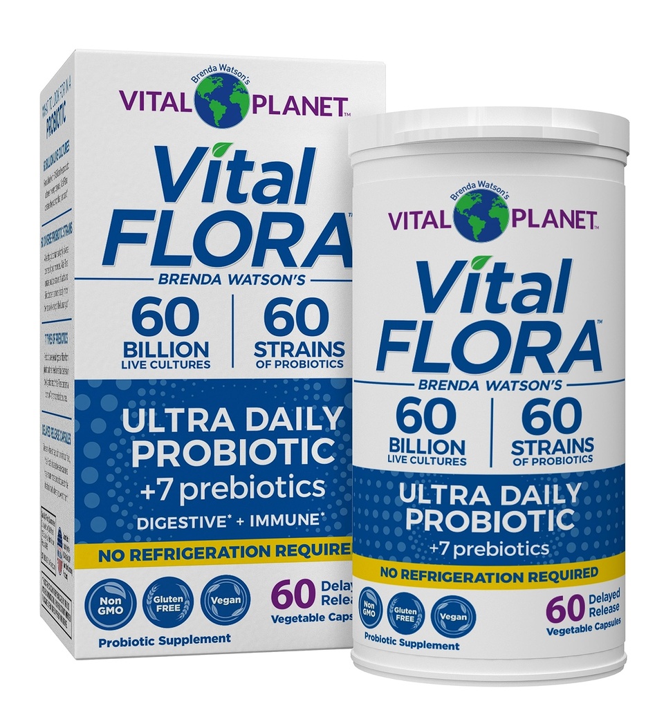 Planet Vital - Vital Flora Ultra Daily Probiotic 60 Billion CFU, 60 Diverse Strains, 7 Organic Pregities, Hammune Dukung, Digetical Health Shelf Program Stable for Women and Men 60 Capsules