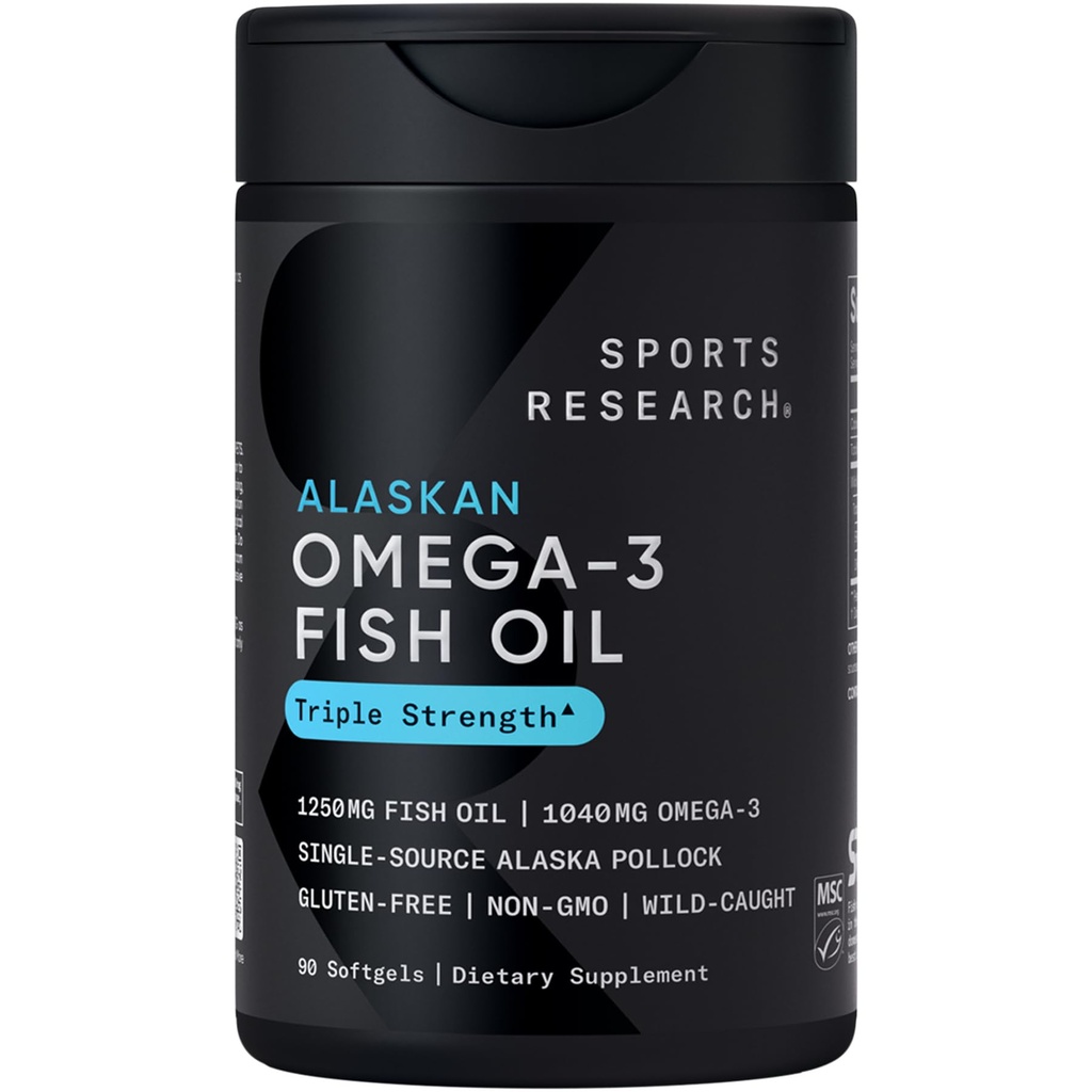 Penelitian Olahraga Triple Kekuatan Omega 3 Minyak Ikan - Tambahan Minyak Ikan Burpless w / EPA & DHA Acids Gendut dari Single- Sumber Liar Alaska Pollock - 1250 mg, 90 ct