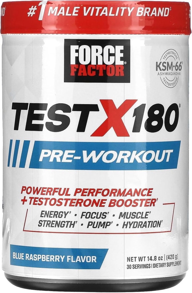 ForCE FacTOR Test X180 Pre-Workout Powder & Energy Suplement, Boost Focus & Endurance, Build Muscle & Power, Nitric Oxide Suplemen dengan Ashwagandaha & L- Citrulline, Blue Raspberry, 30 Servis