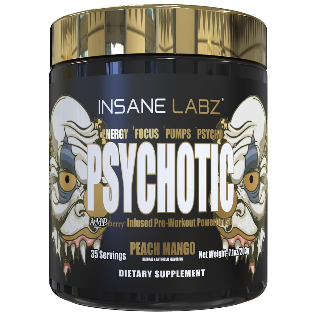 Emas Gila Labz Psychotic, Powder Pre Stimulant Tinggi, Energi Lasting Ekstrim, Pumps dan Endurance dengan Beta Alanine, DMAE Bitarkling, NO Booster (35 Pelayan, Mangga Peach)