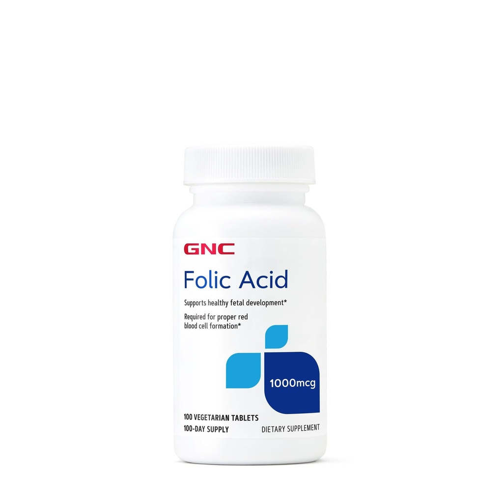 Asam Folic Acid 1000mcg, Mendukung Pengembangan Fetal Sehat, Diperlukan Formasi Sel Darah Merah Proper, Formula Vegetarian, 100 Cacah