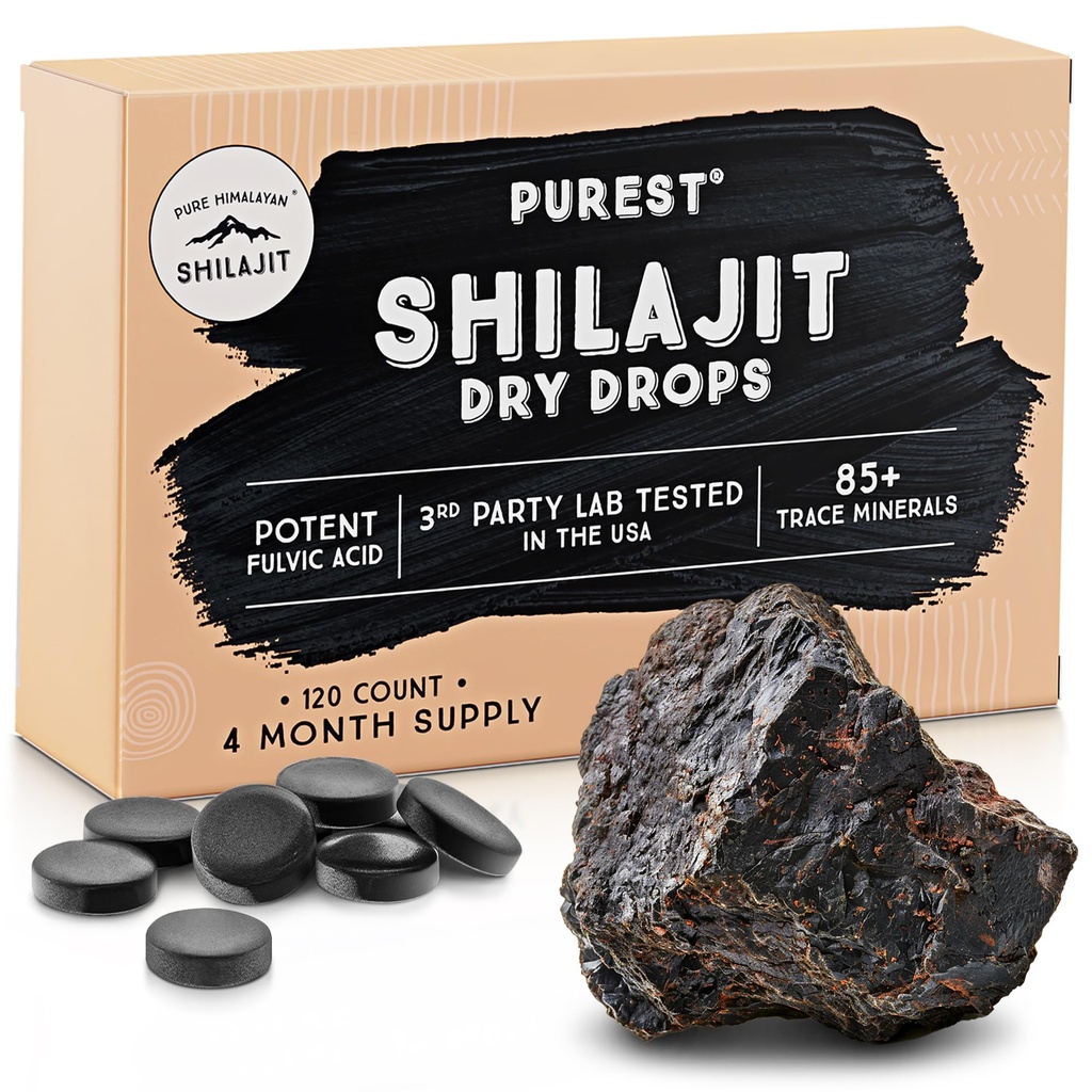 Himalaya Shilajit Dry Drops murni, 100% Pure Natural Shilajit, Tingkat A, Max Potency 85 + Clean Trace Minetest & Fulvic Acid for Energy, Metabolisme & Ammune Support Supplemen untuk Pria & Women (120 tab)