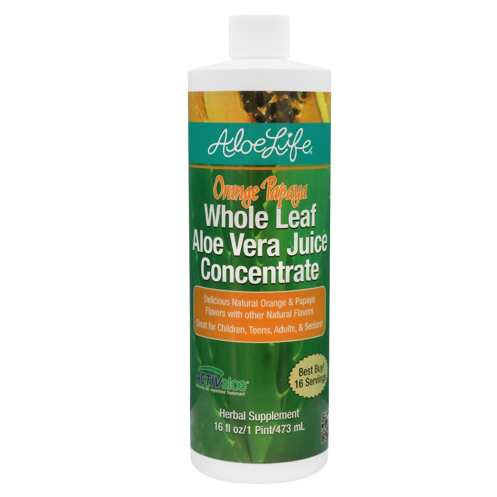 Aloe Life - Whole Leaf Aloe Vera Juic, Tersertifikat Organik, Gluten- Bebas (Orange Pepaya, 16 oz)