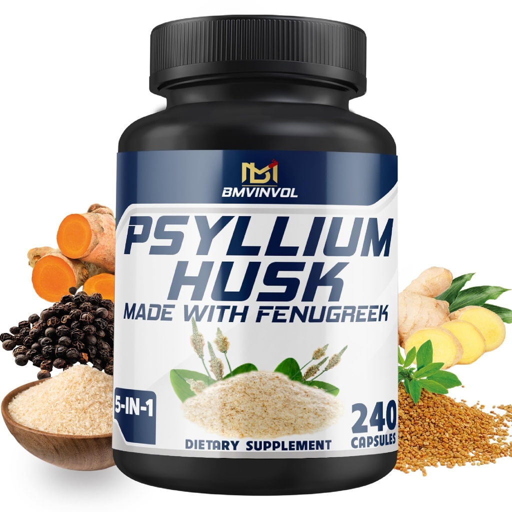 BMVINVOL Psyllium Husk Capsules Fiber Suplement dengan Fenogreek, Turmeric, Ginger, Black Pepper - Dukungan Sistem Digetical, Kesehatan Intestinal - 240 Hitung untuk 4 Pasokan Bulan