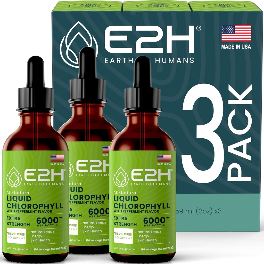 E2H Chlorofil Liquid Drops - Natural Energy Booster, Imune System Dupport and Internal Deodoran - Peppermint Flavor - (3 Botol)