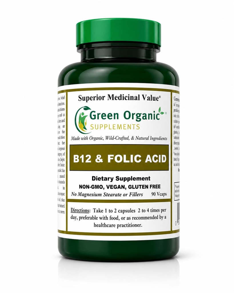 Suplemen Organik Hijau (Pack-1) Vitamin B12 & Folic Acid, 10000 mcg, 90 VCaps, Tangan Dibuat, Vegan, Non- GMO, Mendukung Fuctioning Sistem Gugup, dan Integritas Skin, Rambut & Hati