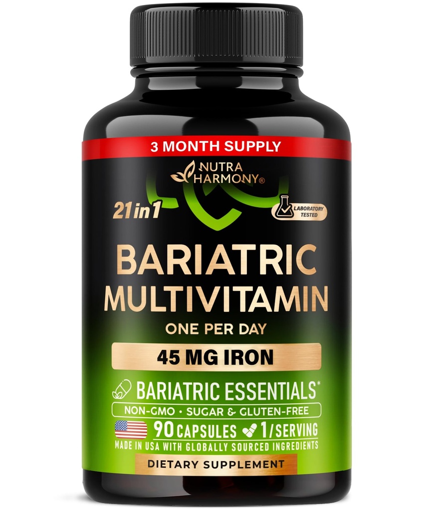 Bariatric Multivitamin - 45 mg Iron Suplemen - Made in USA - for Women & Men - All-InOne, 21 Estivenity Vitamin - Gastric Sleeve Dukungan - Free of Sugar, Gluten & Soy - 90 Capsules, Once Daily