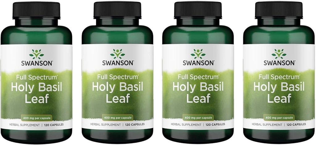 Swanson Holy Basil Leaf (Tulsi) - Stress Support dan Well- Being Suplement - (120 Capsules, 800mg Per Serving) (4 Pack)