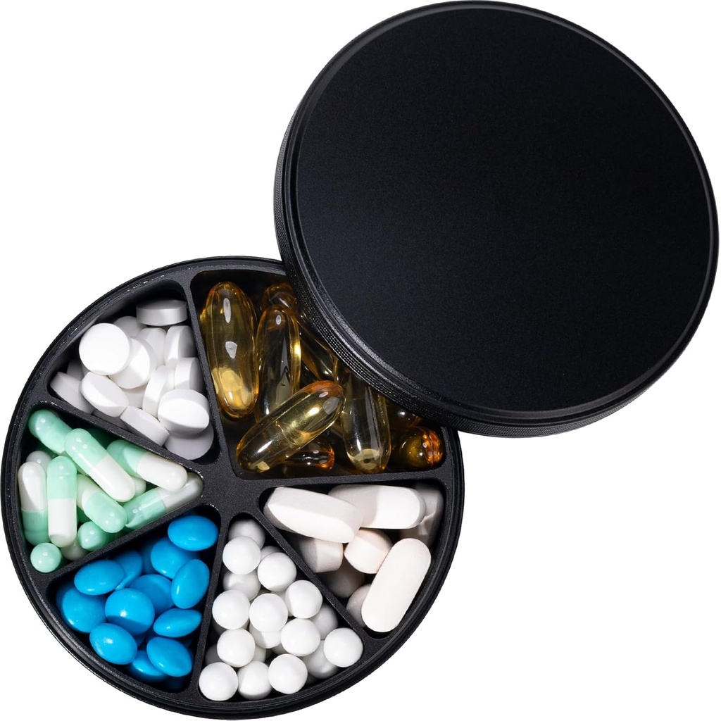 Pill Organizer dengan 6 Kompartemen - Heavy Duty Metal Daily Pill Case, Large Pill Container Holder, Waterproof Medication Dispenser Pill Box for Vitamin Suplemen Fish Oils, 0.38lb, Black