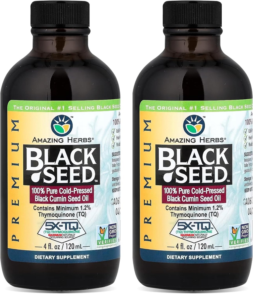 Amazing Herbs Premium Black Seed Oil - Gluten Free, Non GMO, Cold Menekan Nigella Sativa Aids in Digetical Health, Imune Dukungan, Fungsi Otak, Gabungan Mobilitas - 4 Fl Oz (Paket 2)