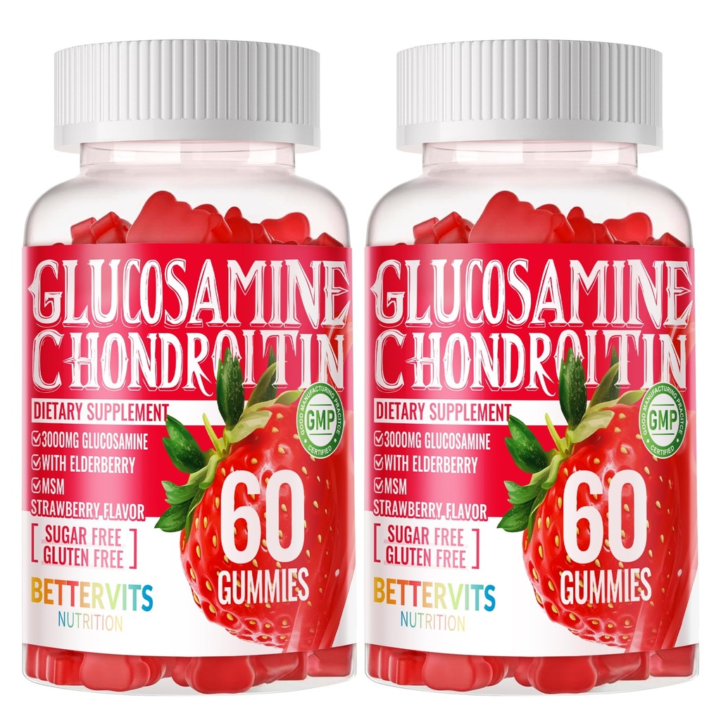 Glucosamin Chondroitin Gummies dengan MSM & Elderberry Extra Strength - Dukungan Bersama, Suplai Dukungan Imune Antioksidan untuk Dewasa, Pria & Perempuan. 120 Strawberry Gummies