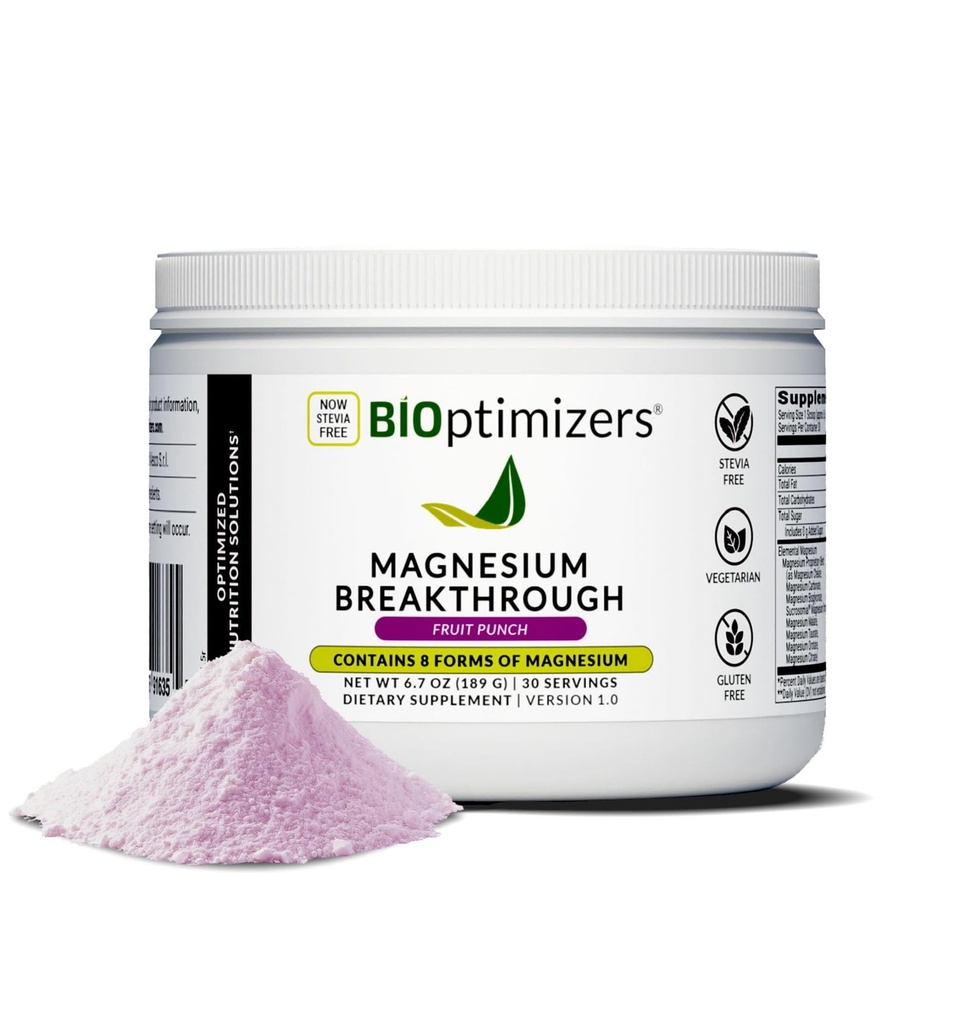 BIOptimizers Magnesium Breakthrough Drink - 8 Forms of Magnesium, Electrolytes, Sleep Health, Stress, Muscle Recovery, Heart Support 124; Glycinate, Citrate, Malate - Fruit Punch Punch