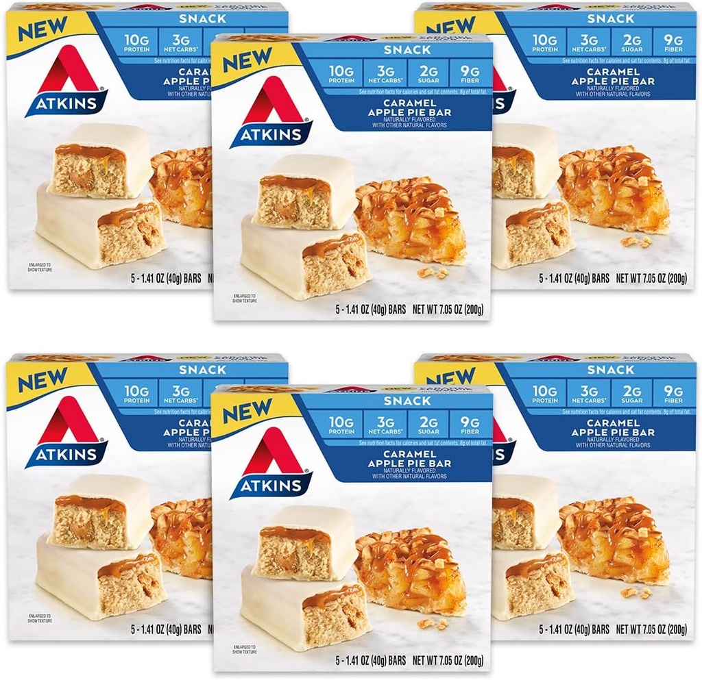 Atkins Snack Bar, Caramel Apple Pie, Alamiah Flavored, Good Source of Protein and Fiber, Low Carb, Low Sugar (30 Bars)